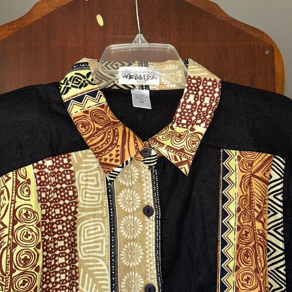 Vintage we be bop women’s 3X short sleeve button up top linen blend tribal - Picture 3 of 9